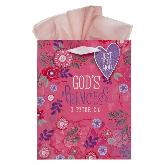 Christian Art Gifts Inspirational Medium Portrait Scripture Gift Bag & Tissue Paper Set for Girls: God's Princess Bible Verse, Glittered Design, Satin Ribbon Handles, Pink & Purple Multicolor Floral