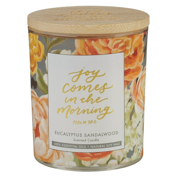 Christian Art Gifts Inspirational Natural Soy Wax Scented Glass Jar Scripture Candle: Joy Comes in the Morning, Essential Oils, Wood Lid, Cotton Wick, Multicolor Florals, Eucalyptus Sandalwood Scent
