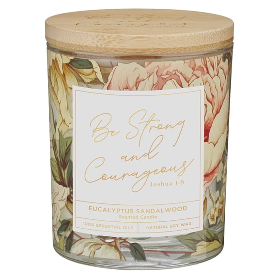 Christian Art Gifts Inspirational All Natural Soy Wax Essential Oil Infused Scented Candle in Glass Jar: Strong & Courageous, Beige, Wooden Lid, Lead-Free Cotton Wick, Floral Scent