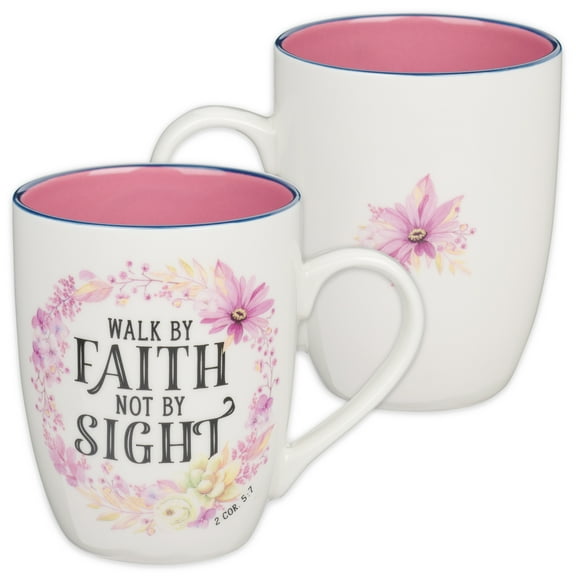 Christian Art Gifts Inspirational Scripture Ceramic Coffee and Tea Mug for Women: Walk by Faith Encouraging Bible Verse Cup, Microwave & Dishwasher Safe, Lead-free, White & Pink Floral Wreath, 12 oz.
