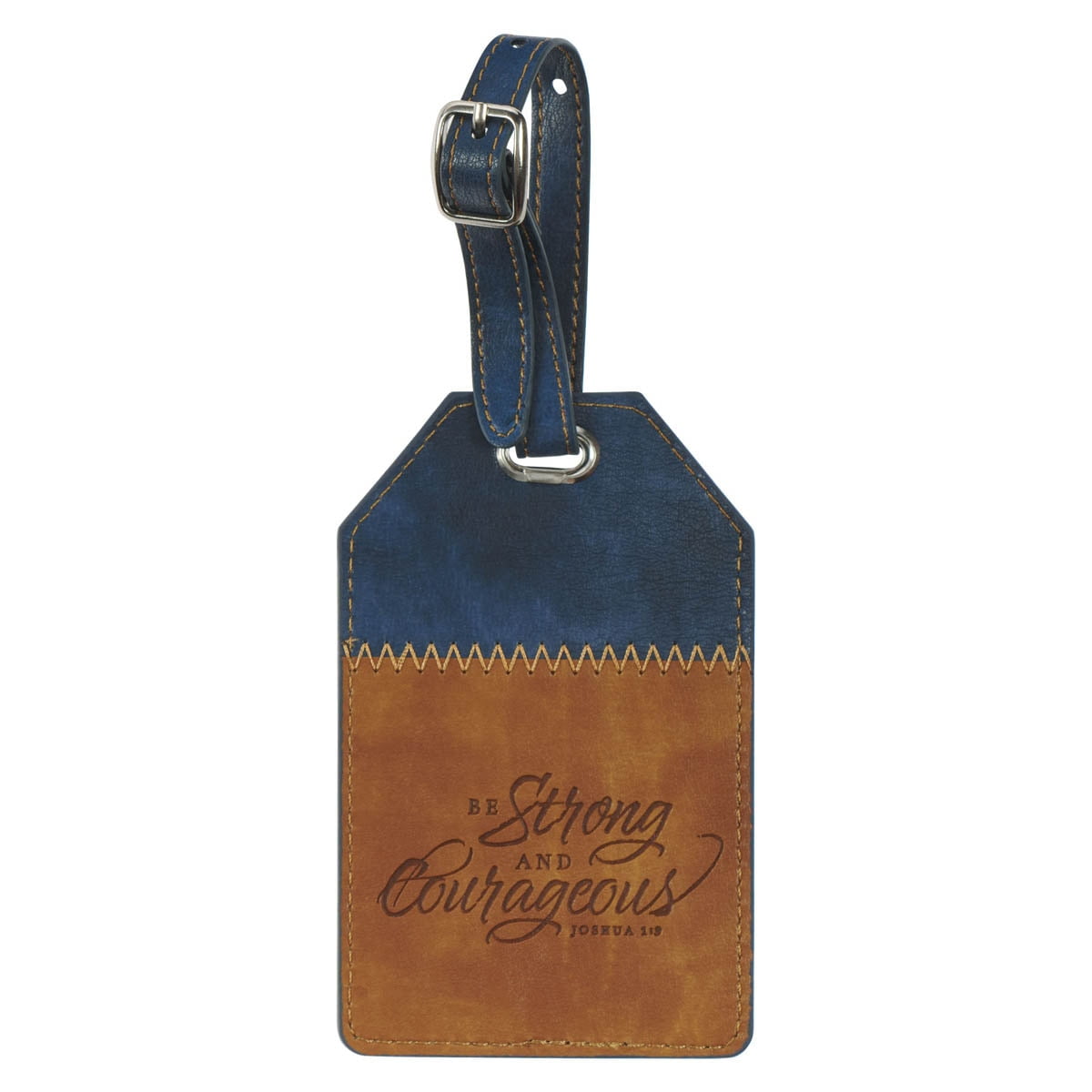 Strong & Courageous Brown and Navy Faux Leather Luggage Tag