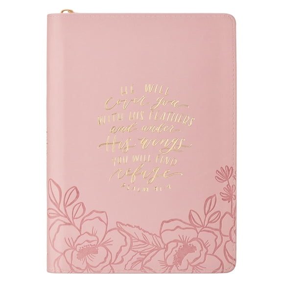 Christian Art Gifts Inspirational Zippered Journal, He Will Cover You Wide Ruled Notebook, Psalm 91:4 Bible Verse, Pink Vegan Leather Floral, 336 Lined Pages w/scripture, (9 x 6.4 x .9)