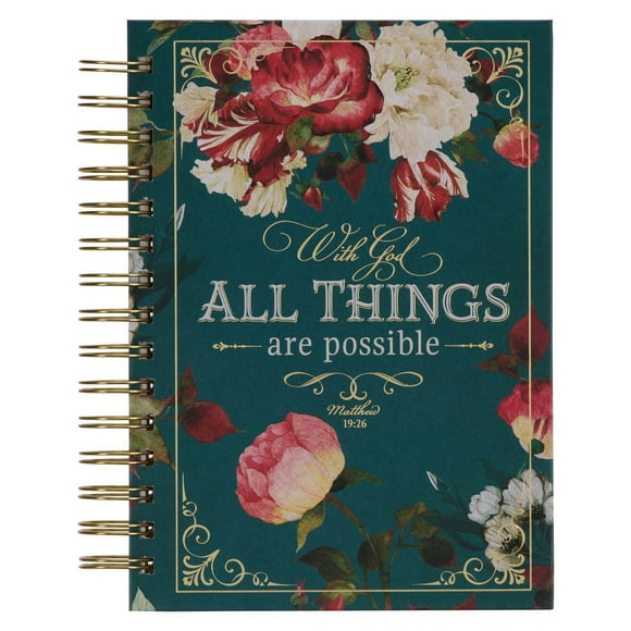 Christian Art Gifts Journal with Scripture for Women with God All Things Mathew 19:26 Bible Verse Teal/Roses 192 Ruled Pages, Large Hardcover Notebook, Wire Bound (Other)
