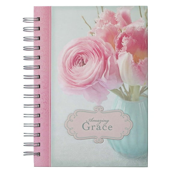 Christian Art Gifts Journal w/Scripture Amazing Grace Pink Peonies and Tulips 192 Ruled Pages, Large Hardcover Notebook, Wire Bound