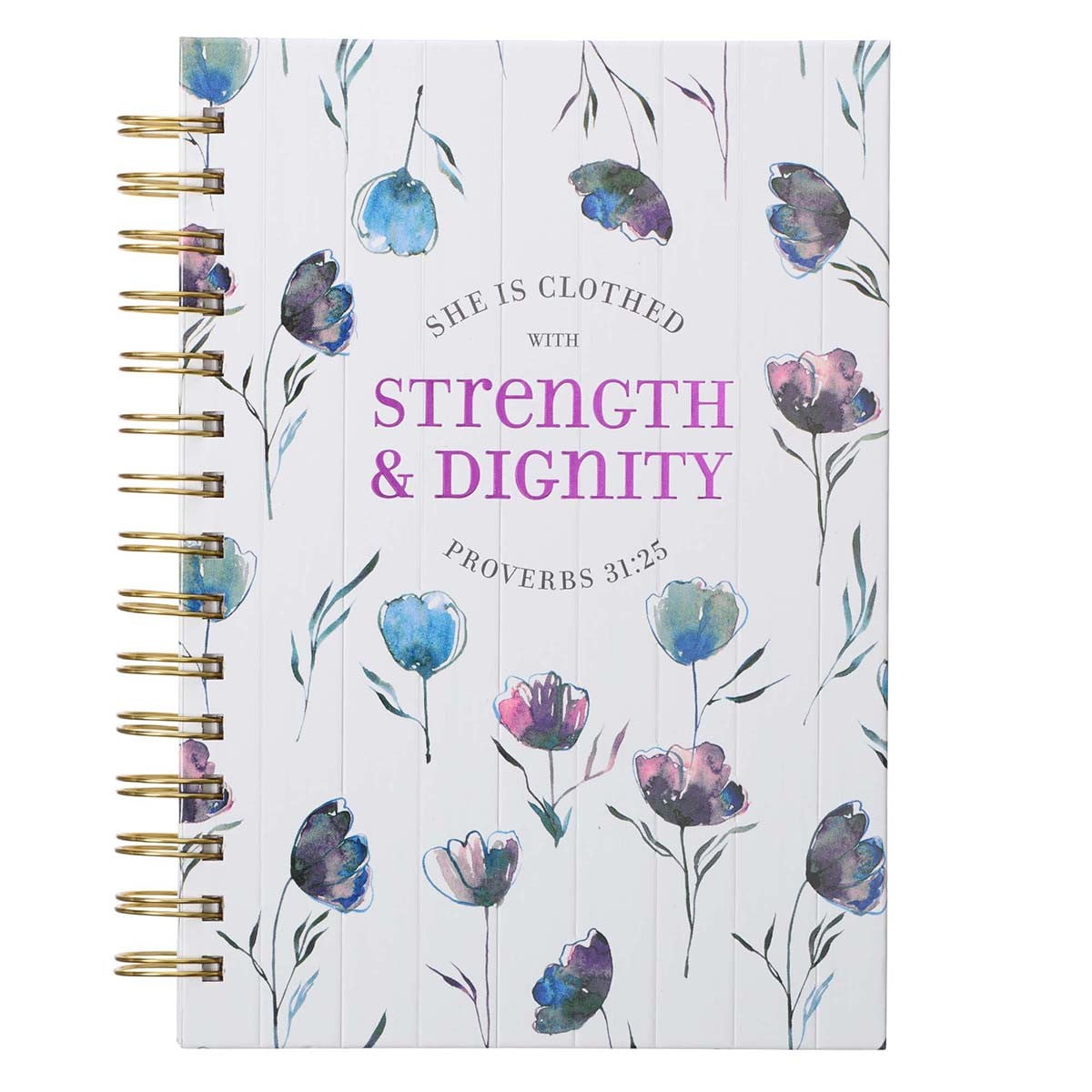 Christian Art Gifts Journal w/Scripture She is Clothed with Strength and Dignity Proverbs 31:25 Blue/Purple Watercolor Tulips 192 Ruled Pages, Large Hardcover Notebook, Wire Bound