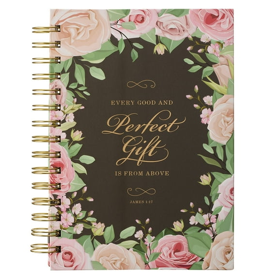 Christian Art Gifts Journal w/Scripture E and Perfect Gift James 1:17 Bible Verse Pink Rose 192 Ruled Pages, Large Hardcover Notebook, Wire Bound