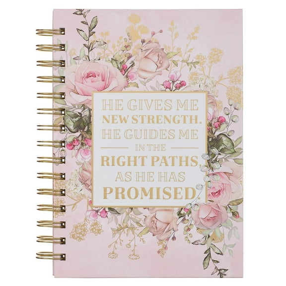 Christian Art Gifts Journal w/Scripture He Gives Me New Strength Psalm 23:3 Bible Verse, Pink Floral 192 Ruled Pages, Large Hardcover Notebook, Wire Bound