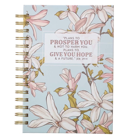 Christian Art Gifts Journal w/Scripture Plans to Prosper You Hope and a Future Jeremiah 29:11 Bible Verse Blue Floral 192 Ruled Pages, Large Hardcover Notebook, Wire Bound