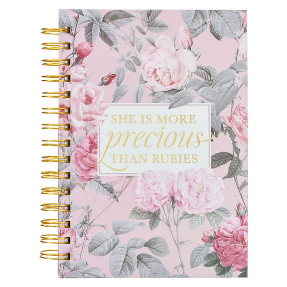 Christian Art Gifts Journal w/Scripture More Precious Than Rubies Proverbs 31:10 Bible Verse Pink Floral, 192 Ruled Pages, Large Hardcover Notebook, Wire Bound