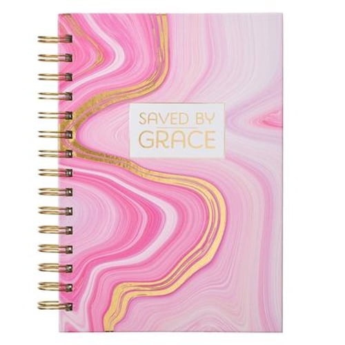 Pre-Owned Christian Art Gifts Journal w/Scripture Saved by Grace Pink Marble Swirl 192 Ruled Pages, Large Hardcover Notebook, Wire Bound