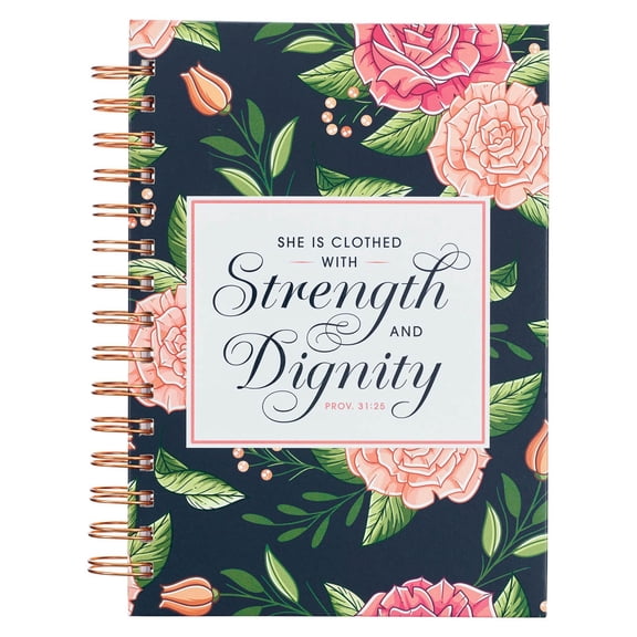 Christian Art Gifts Journal w/Scripture Strength & Dignity Proverbs 31:25 Bible Verse Navy Floral 192 Ruled Pages, Large Hardcover Notebook, Wire Bound