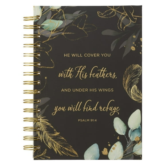 Christian Art Gifts Journal w/Scripture He Will Cover You With His Feathers Psalm 91:4 Bible Verse Teal and Gold 192 Ruled Pages, Large Hardcover Notebook, Wire Bound