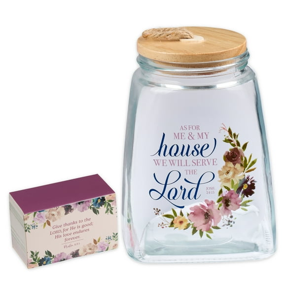 Christian Art Gifts Keepsake Count Your Blessings Gratitude Jar Set with Bible Verse Note Cards - As For Me and My House - Joshua 24:15, Floral, Glass
