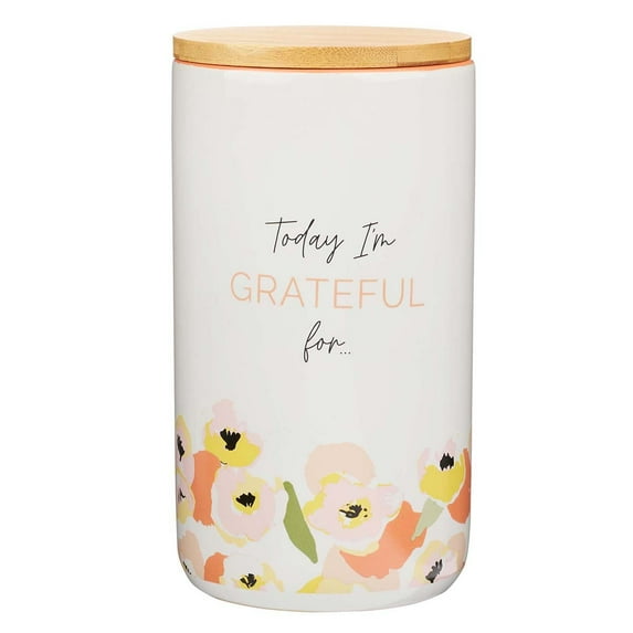 Christian Art Gifts Keepsake Count Your Blessings Gratitude Jar Set with Bible Verse Note Cards - Today I'm Grateful For, White Ceramic, Peach Poppy