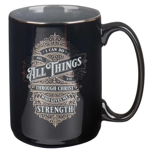Large Black and Silver Ceramic Bible Verse Mug, 14 oz