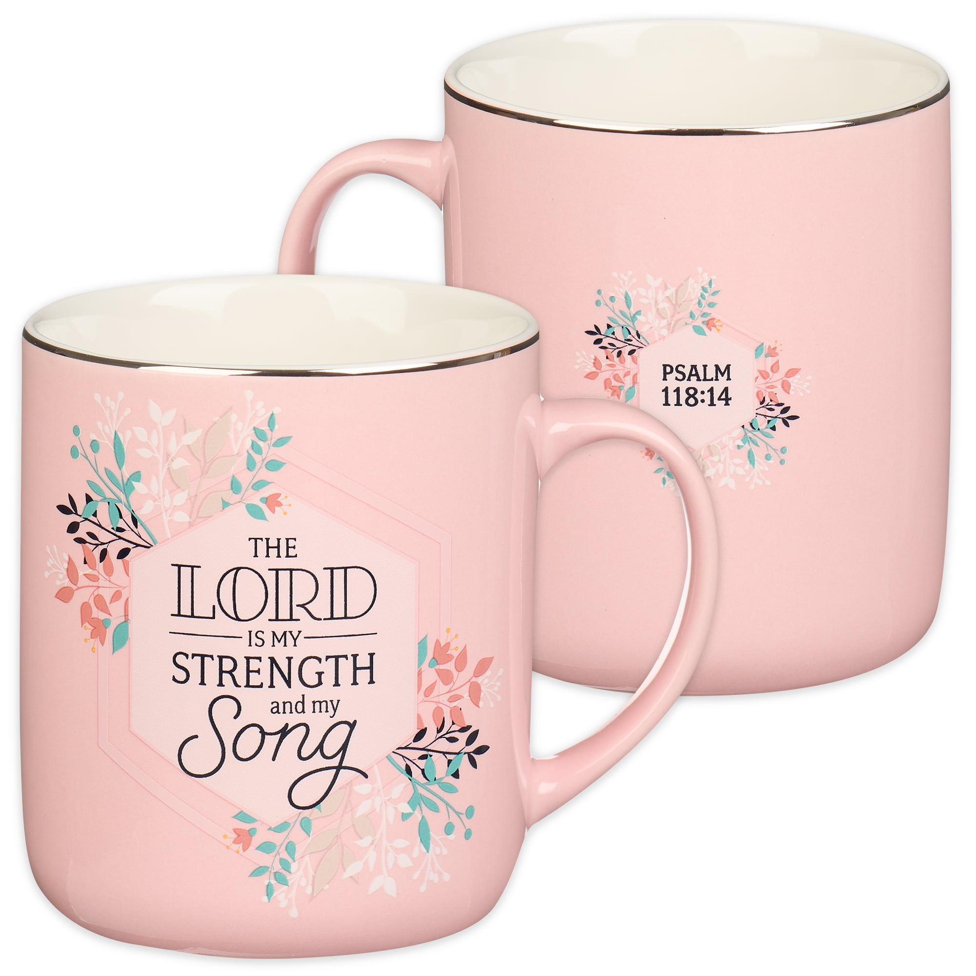 Christian Art Gifts Large Ceramic Bible Verse Coffee & Tea Mug for Women: The Lord is My Strength - Psalm 118:14 Inspirational Scripture Present w/Silver Rim, Lead-free Drinkware, Pink Floral, 14 oz.