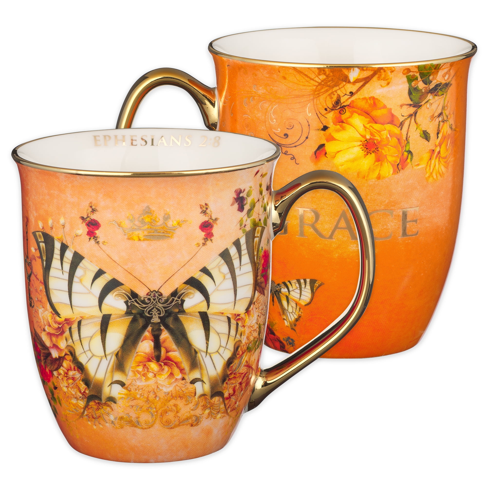 Grace Orange Butterfly Ceramic Coffee Mug with Gold Accents, 14 oz