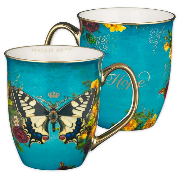 Christian Art Gifts Large Ceramic Butterfly Scripture Coffee & Tea Mug for Women: Hope - Inspirational Bible Verse Novelty Non-toxic Drinkware w/ Gold Accents, Teal & White Multicolor Floral, 14 oz.