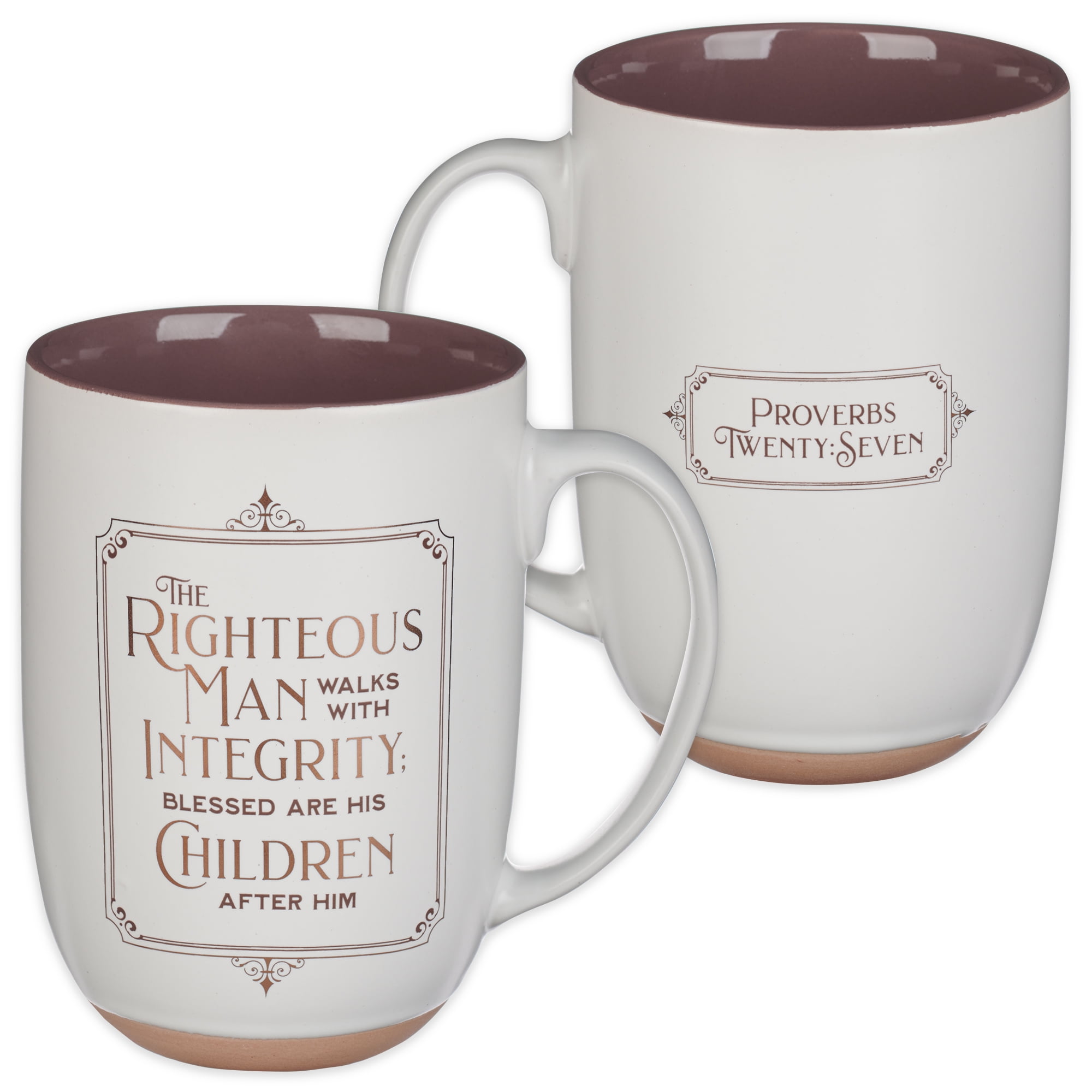 Christian Art Gifts Large Ceramic Coffee & Tea Scripture Mug for Men: Righteous Man - Proverbs 20:7 Inspirational Bible Verse, Non-toxic/Lead-free Cup w/Clay Base & Gold Accents, White/Brown, 15 oz.