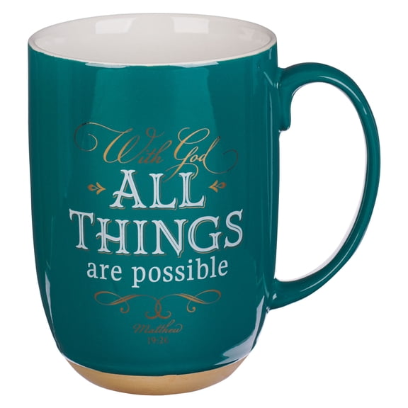 Christian Art Gifts Large Ceramic Coffee & Tea Scripture Mug for Women: All Things are Possible - Mat. 19:26 Inspirational Bible Verse, Lead-free w/Clay Base & Gold Foil, Forest Green/White, 15 oz.