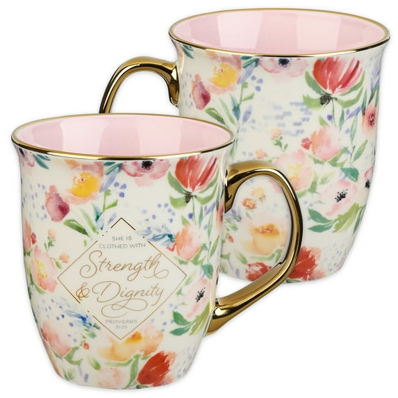 Christian Art Gifts Large Ceramic Floral Scripture Coffee & Tea Mug for Women: Strength & Dignity - Prov. 31:25 Inspirational Bible Verse w/Multicolored Flowers & Gold Accents, White & Pink, 14 oz.