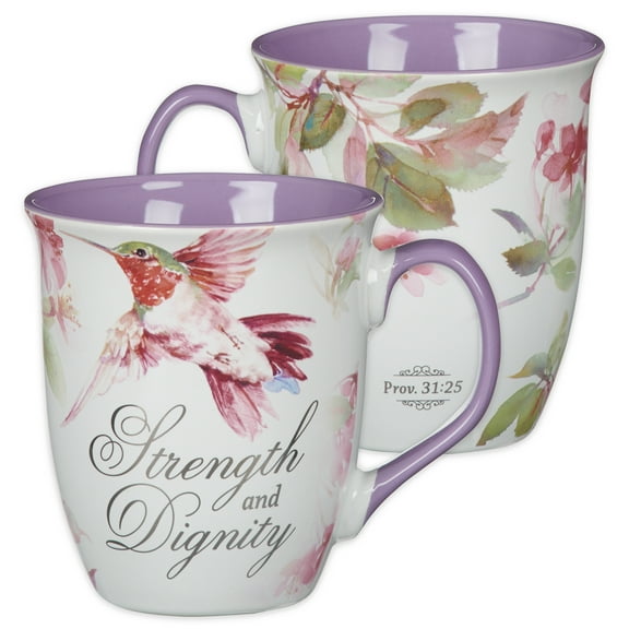 Christian Art Gifts Large Ceramic Inspirational Scripture Coffee & Tea Mug for Women: Strength & Dignity Bible Verse, Colorful Hummingbird Floral, Cute Drinkware, Purple Lavender & Silver, 14 oz.