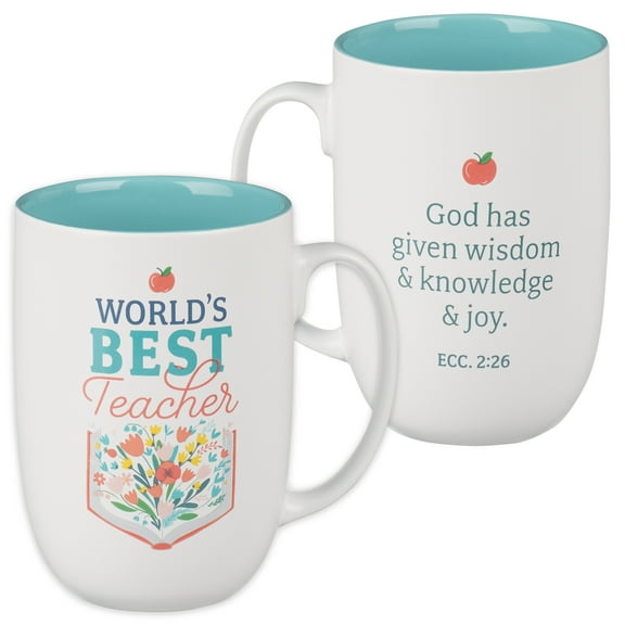 Christian Art Gifts Large Ceramic Novelty Scripture Coffee & Tea Mug for Women: World's Best Teacher - Inspirational Bible Verse, Microwave & Dishwasher Safe Drinkware, White & Teal Floral, 15 oz.