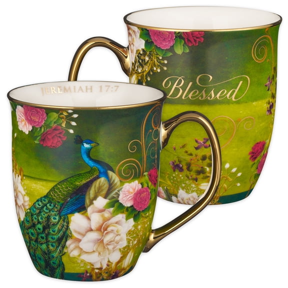 Christian Art Gifts Large Ceramic Peacock Scripture Coffee & Tea Mug for Women: Blessed - Inspirational Bible Verse Non-toxic Drinkware w/ Gold Accents, Green, Teal & White Multicolor Floral, 14 oz.