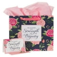 thumbnail image 1 of Christian Art Gifts Large Landscape Scripture Gift Bag, Greeting Card & Wrapping Tissue Paper Set for Women: Strength & Dignity Inspirational Bible Verse, Beautiful Roses, Satin Handles, Black/Pink, 1 of 3