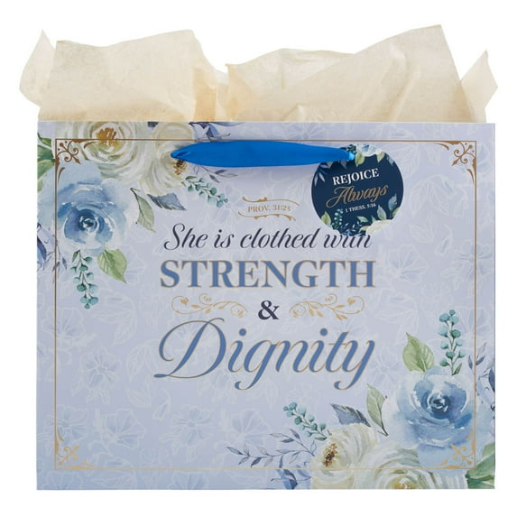 Christian Art Gifts Large Landscape Scripture Gift Bag, Tag & Wrapping Tissue Paper Set for Women: Strength & Dignity Inspirational Bible Verse, Cute Elegant Florals, Gold Foil, Satin Handles, Blue