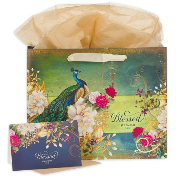 Christian Art Gifts Large Landscape Scripture Gift Bag for Women w/Card & Tissue Paper Set: Blessed - Jer. 17:7 Inspirational Bible Verse, Cute Peacock Multicolor Floral w/Gold & Glitter, Blue/Green