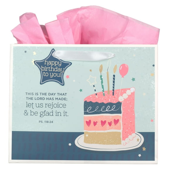 Christian Art Gifts Large Landscape Scripture Gift Bag for Men & Women: Rejoice & Be Glad - Inspirational Bible Verse, Blue