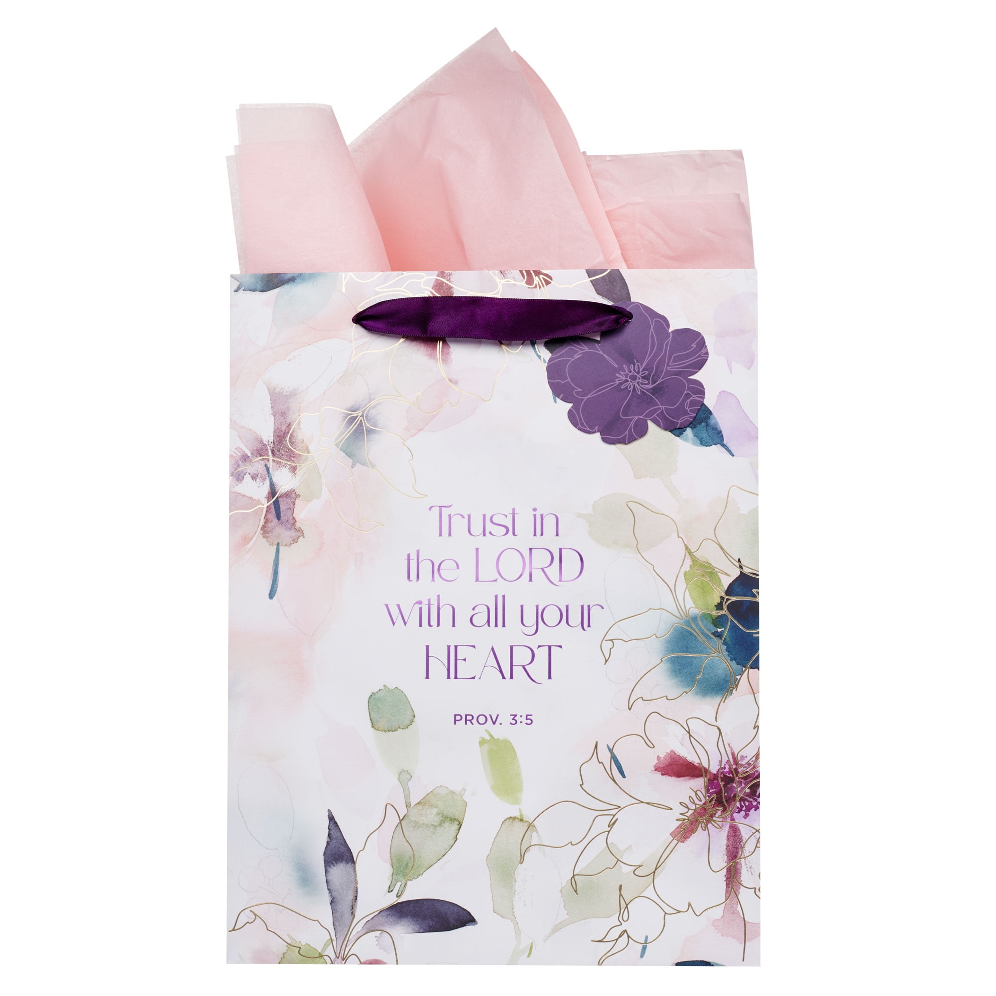 Christian Art Gifts Large Portrait Inspirational Scripture Gift Bag, Tag, & Wrapping Tissue Paper Set for Women: Trust in the Lord Encouraging Bible Verse, Purple & Gold Multicolor Watercolor Floral