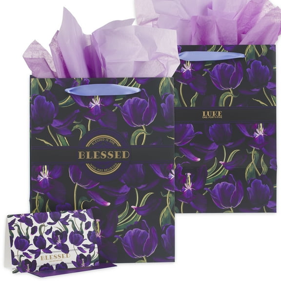 Christian Art Gifts Large Portrait Scripture Gift Bag, Greeting Card & Wrapping Tissue Paper Set for Women: Blessed Inspirational Bible Verse, Colorful Florals, Gold Foil, Satin Handles, Black/Purple