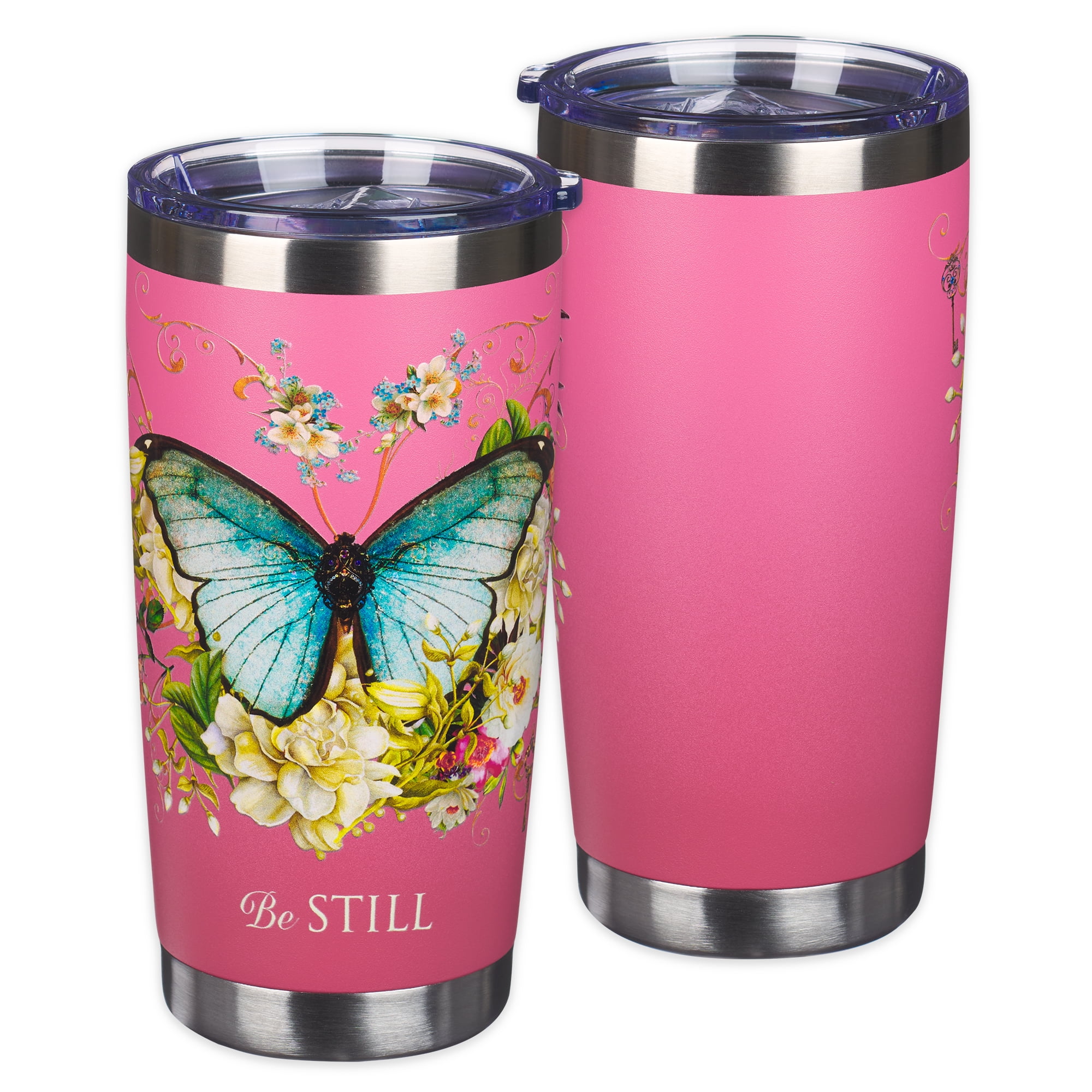 Christian Art Gifts Large Stainless Steel Double Wall Vacuum Insulated Butterfly Pink Travel Mug Tumbler for Women: Be Still Inspirational SCripture, BPA Free Multicolor Floral, Retractable Lid, 18 oz