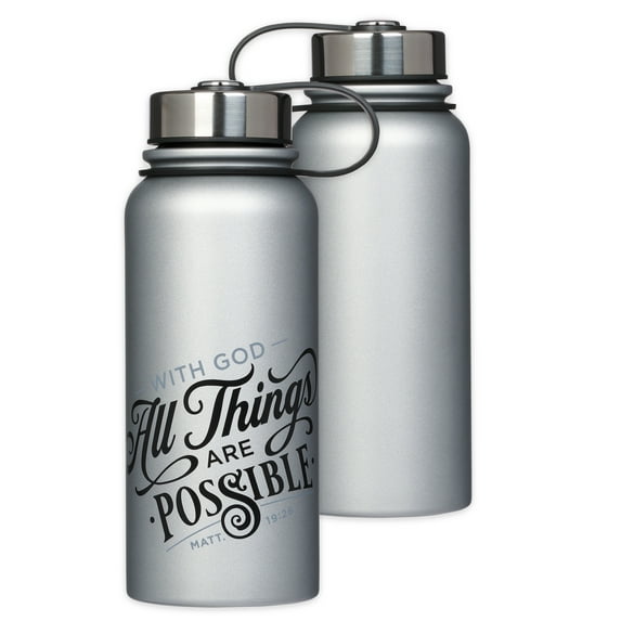 Christian Art Gifts Large Stainless Steel Double Wall Vacuum Sealed Insulated Water Bottle for Men & Women: All Things are Possible - Mat. 19:26 Encouraging Scripture, Leak/Spill-proof, Silver, 32 oz.