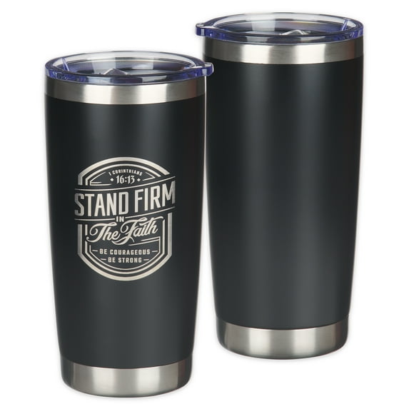 Christian Art Gifts Large Stainless Steel Inspirational Travel Mug Tumbler for Men & Women: Stand Firm Encouraging Bible Verse, Double Wall Vacuum Insulated w/Lid, Hot/Cold Beverage, Black, 18 oz.