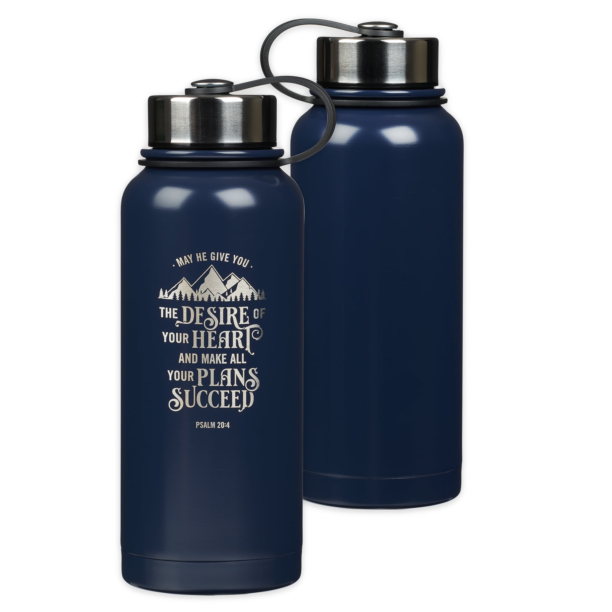Christian Art Gifts Laser Engraved Stainless Steel Double Wall Vacuum Insulated Water Bottle: Desire of Your Heart - Psalm 20:4 Bible Verse for Men and Women, All Day Hot or Cold, Blue, 32 oz.