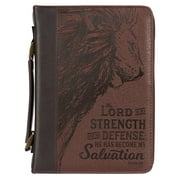 Christian Art Gifts Lord is My Strength w/Lion Exodus 15:2 Faux Leather Classic Bible Cover Case, Brown, Large