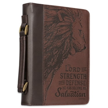 Christian Art Gifts Lord is My Strength w/Lion Exodus 15:2 Faux Leather Classic Bible Cover Case, Brown, Large