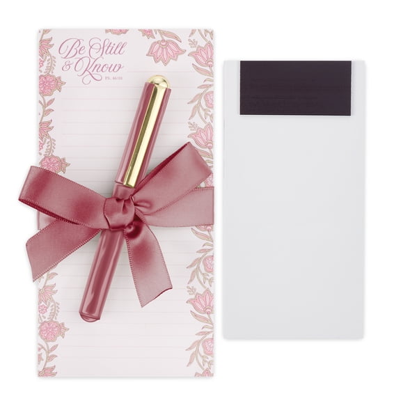 Christian Art Gifts Magnetic Notepad Set with Pen for Women: Be Still - Inspirational Scripture for Shopping Lists, Memos, Reminders, 70 Lined Tear-off Sheets, Pink Floral