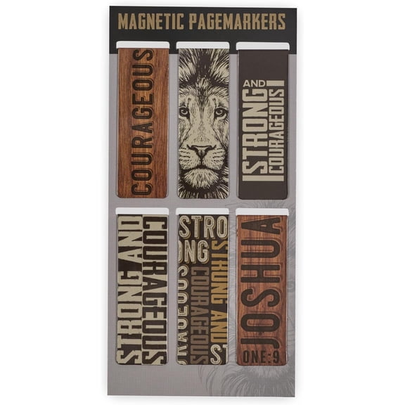 Christian Art Gifts Magnetic Scripture Bookmark/Pagemarker Set for Men: Strong & Courageous Lion - Set of 6, Inspirational Scripture for Bibles, Fridges, Books, Multicolor/Brown/Black/Gray, Small