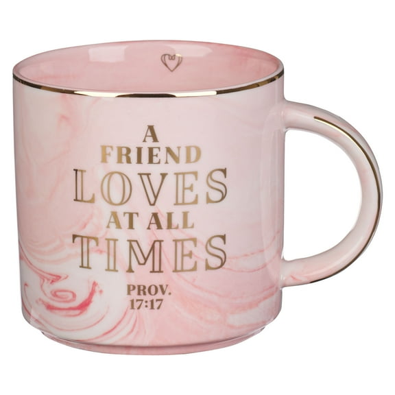 Christian Art Gifts Marble Ceramic Women's Coffee & Tea Mug w/Gold Trim: A Friend Loves at All Times - Proverbs 17:17 Bible Verse, Non-toxic, Lead-free Novelty Drinkware, White/Pink Swirl, 13 oz.