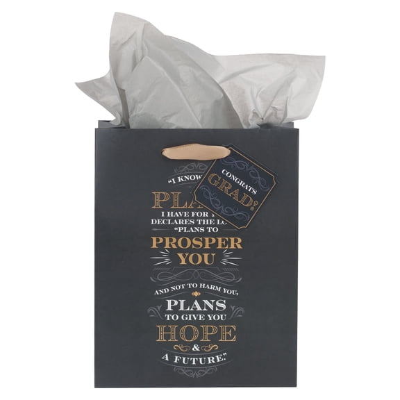 Christian Art Gifts Medium Portrait Scripture Gift Bag, Tag & Wrapping Tissue Paper Set for Men, Women, Grads: I Know the Plans Inspirational Bible Verse for Graduation, Satin Handles, Black/Gold/Gray