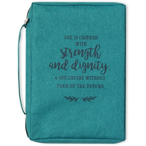 Christian Art Gifts Men/Women's Bible Cover Strength & Dignity Proverbs 31:25, Teal Canvas, Large