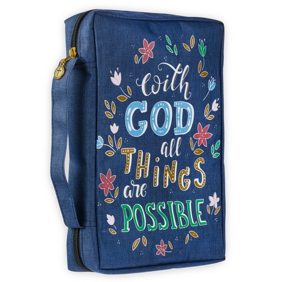 Christian Art Gifts Men/Women's Bible Cover with God All Things are Possible Matthew 19:26, Blue Floral Canvas, Large