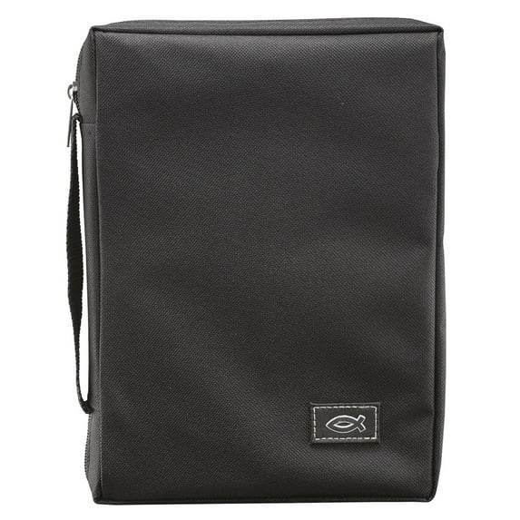 Christian Art Gifts Men or Women's Bible Cover Secure Zipper Jesus Fish, Black Canvas, Large