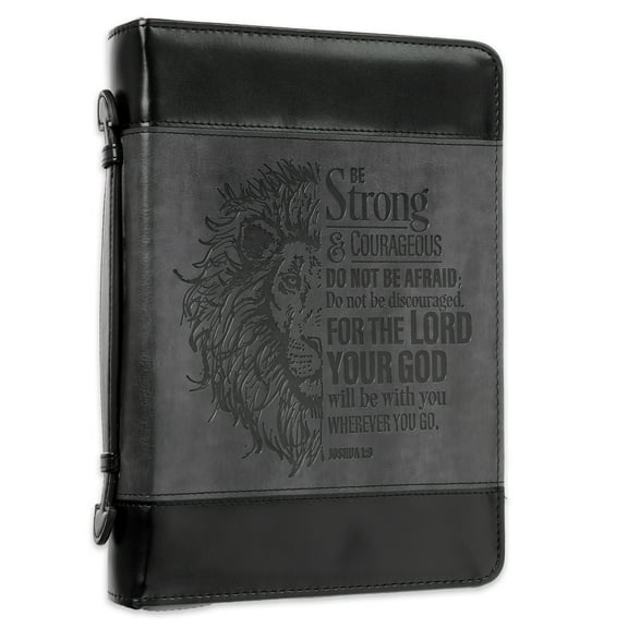 Christian Art Gifts Men's Classic Bible Cover Be Strong and Courageous Lion Joshua 1:9, Gray/Black Faux Leather, XL