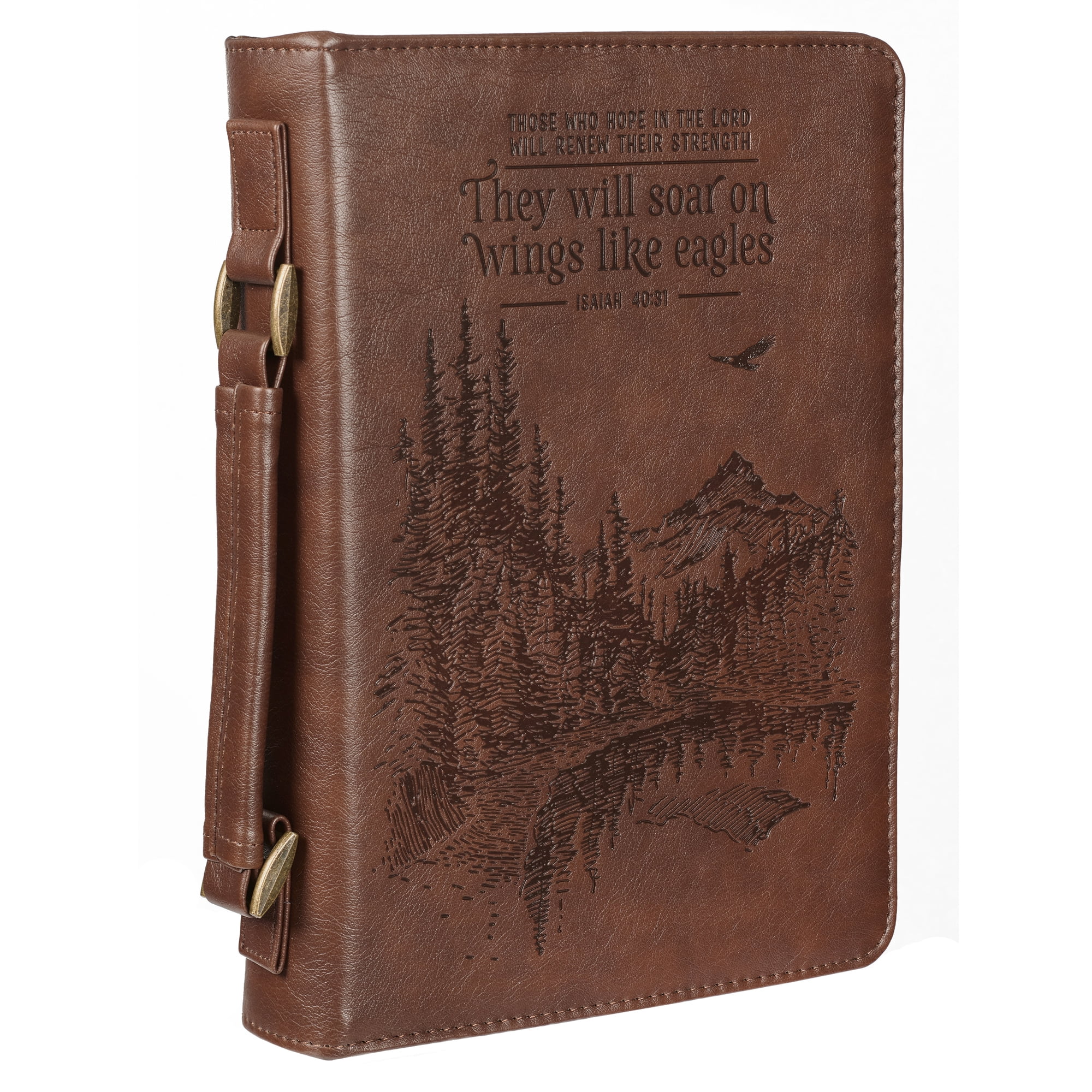 Christian Art Gifts Men's Classic Bible Cover On Wings Like Eagles Mountain Isaiah 40:31, Brown Faux Leather, Large
