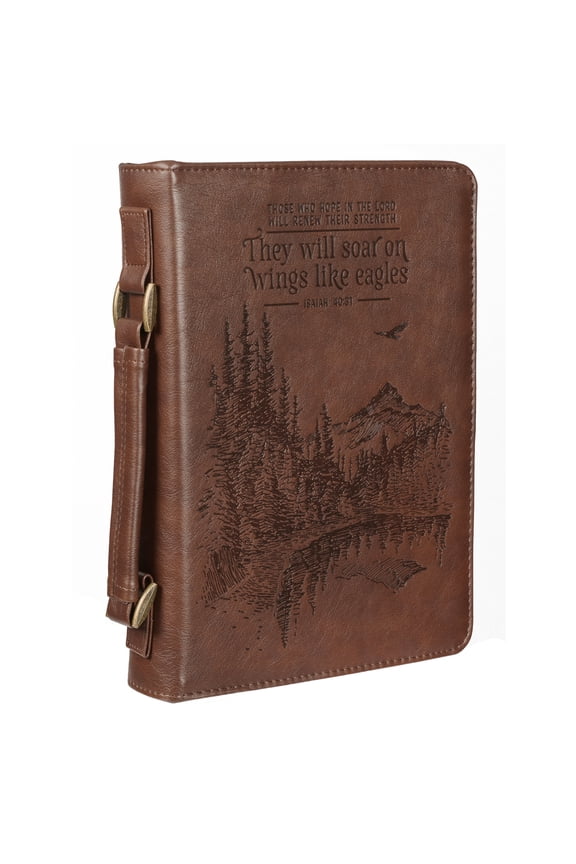 Men's Classic Bible Cover On Wings Like Eagles Mountain Isaiah 40:31, Brown Faux Leather, XL